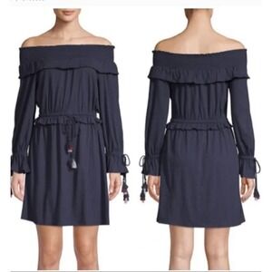Rebecca‎ Minkoff Dress Women Small Blue Isla Off Shoulder Boho Tassel Smocked